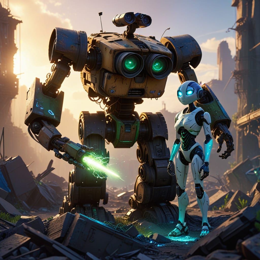 WALL-E and EVA in Ruined City, Pixar Style