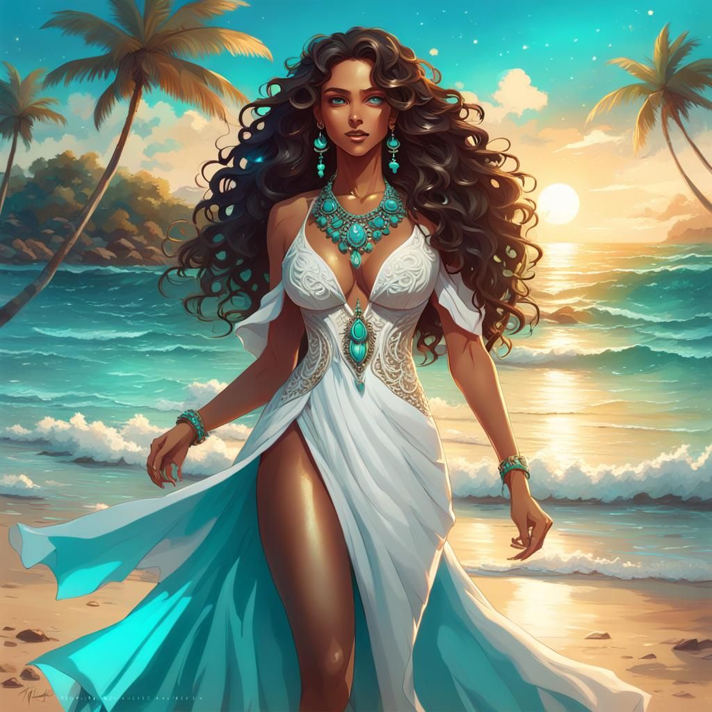 beautiful Brazilian anime young lady on the beach