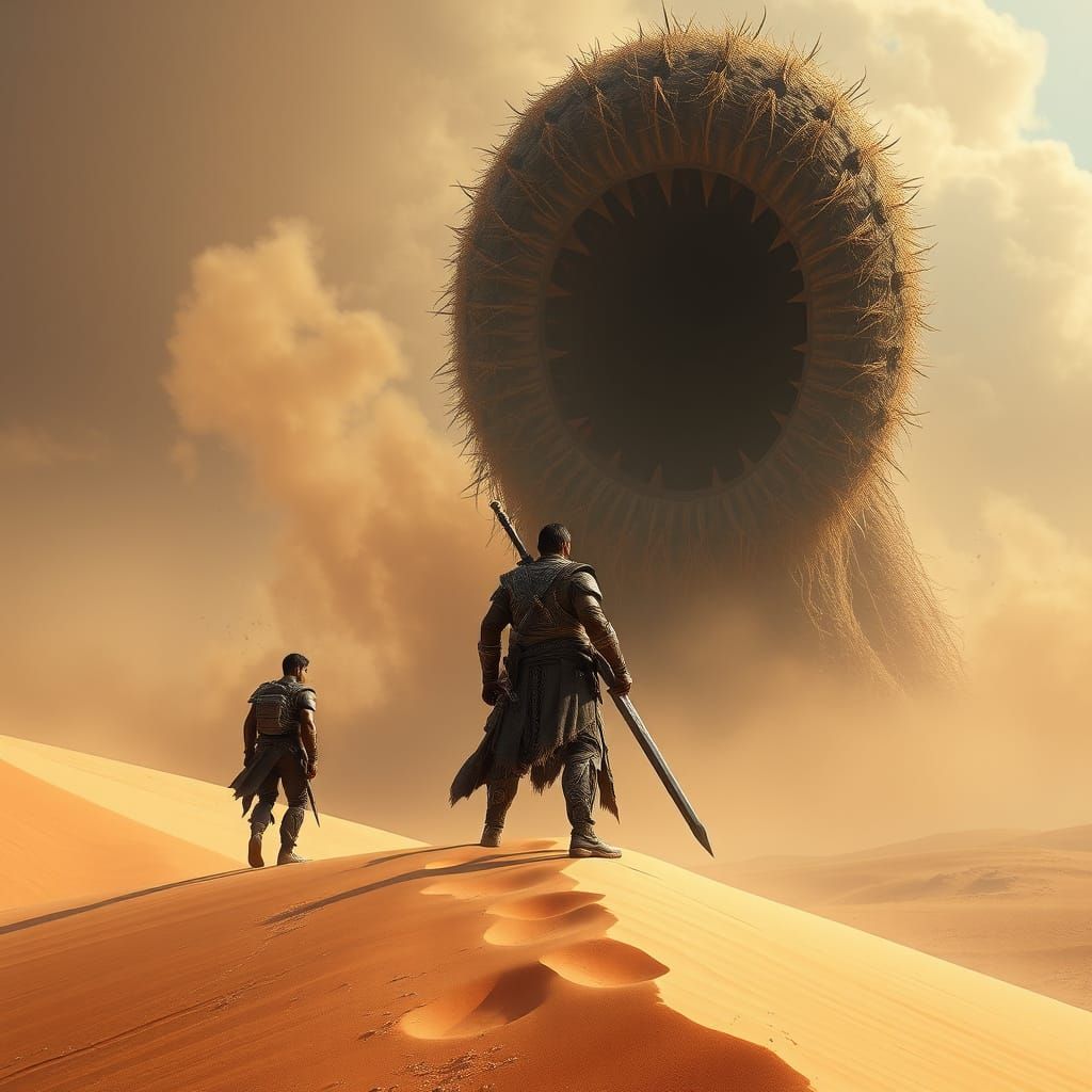 Warrior in Desolate Desert Landscape with High-Tech Sword