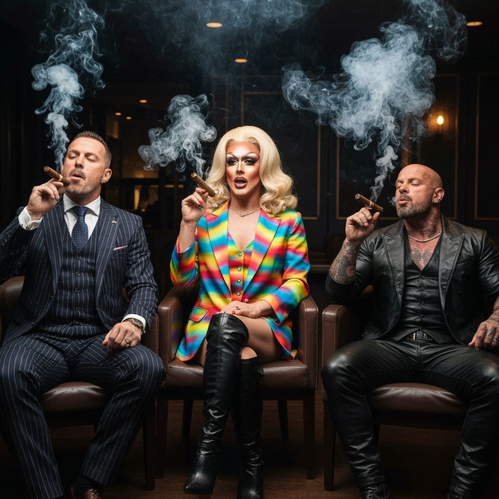 Stylish Men in Pinstripe, Rainbow Leather, and Black Leather...