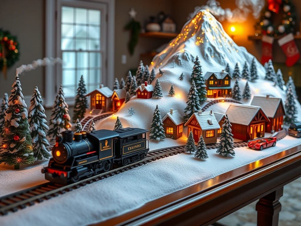 Festive Model Train Set in Whimsical Winter Wonderland