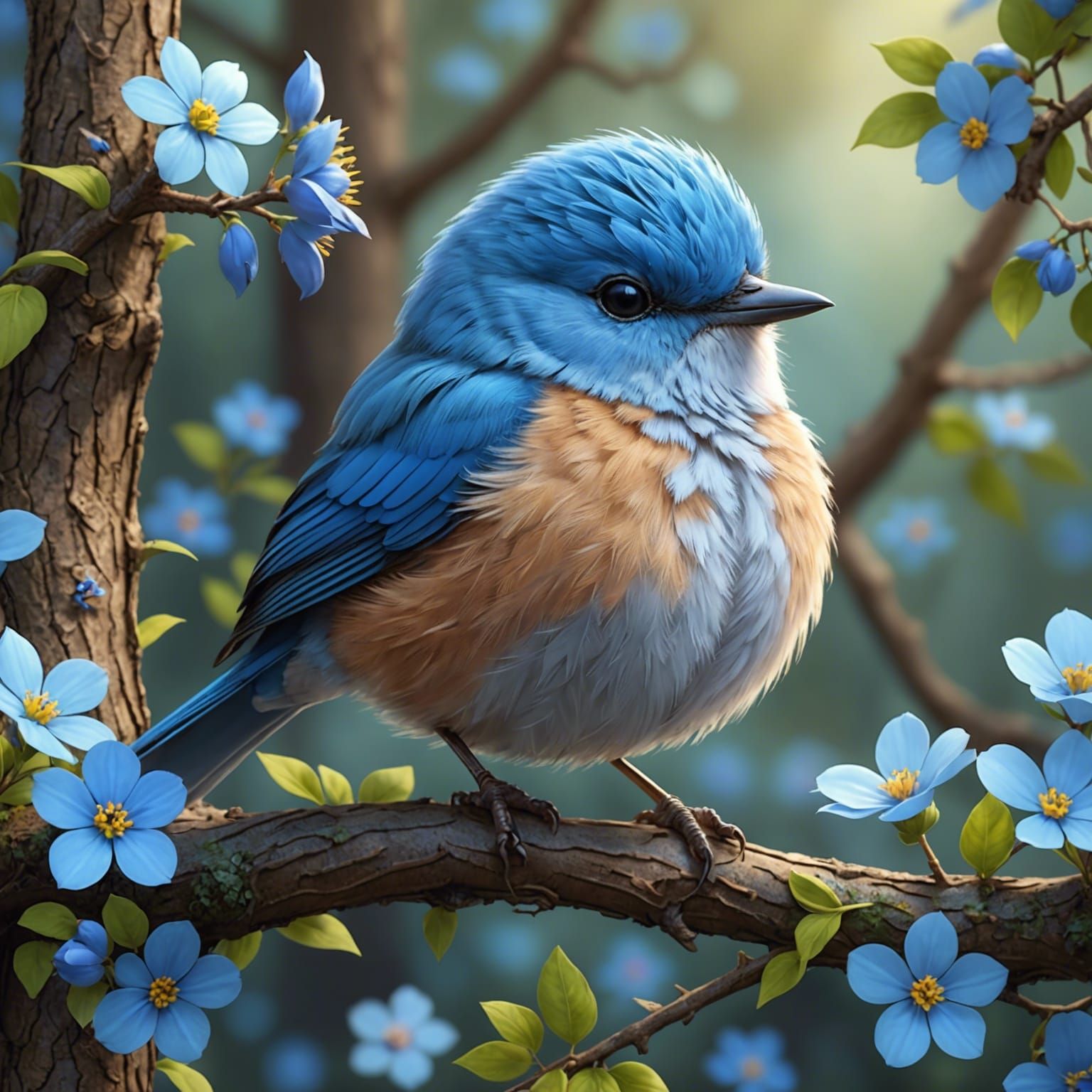 Chibi Bluebird in Blossom Forest, Digital Art