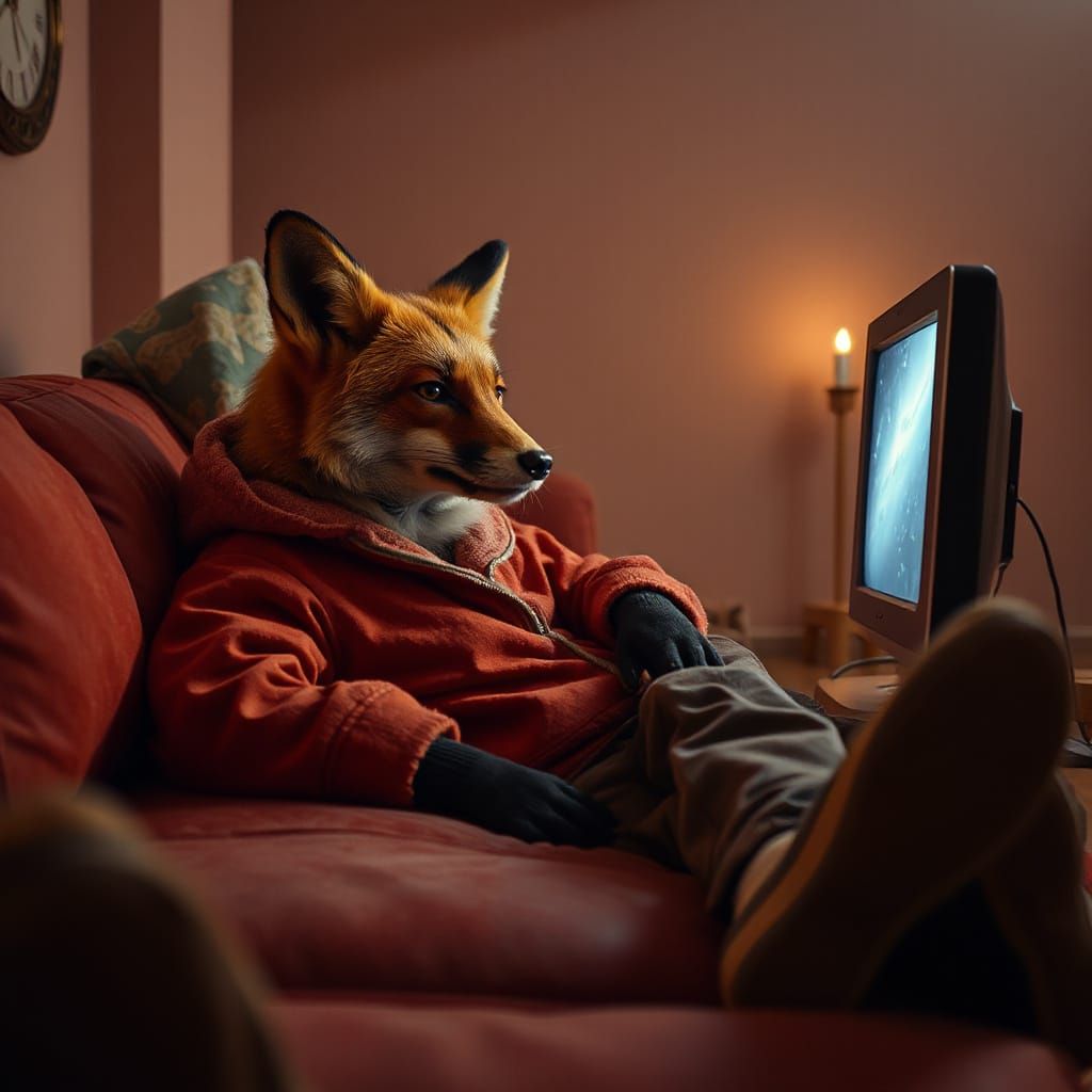 Fox Lounging on Couch Watching TV in Dreamlike Style