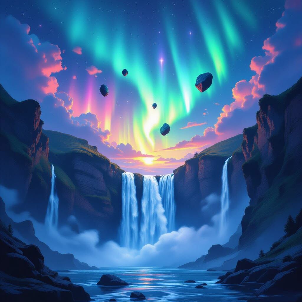 Surreal Waterfall with Glowing Crystals and Aurora