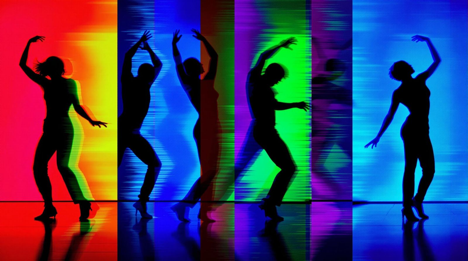 Dynamic Dancing Silhouettes in Glitchcore Style