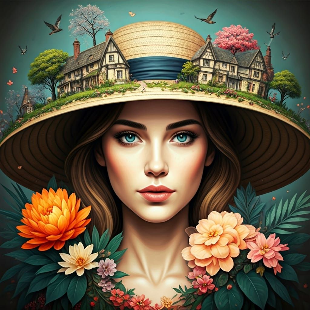 Woman with Exotic Hat in Hyperrealistic Style