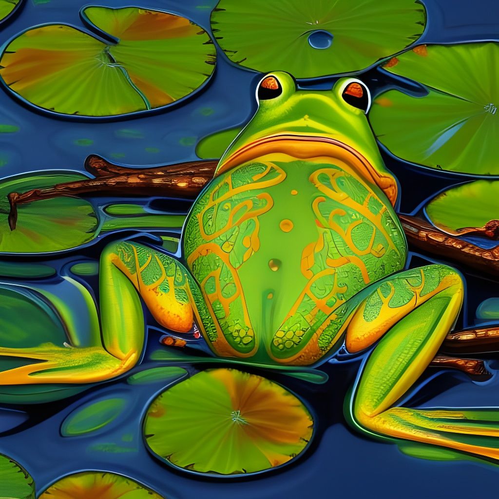 Frog Sunbathing on Lily Pad: Hyperdetailed Concept Art