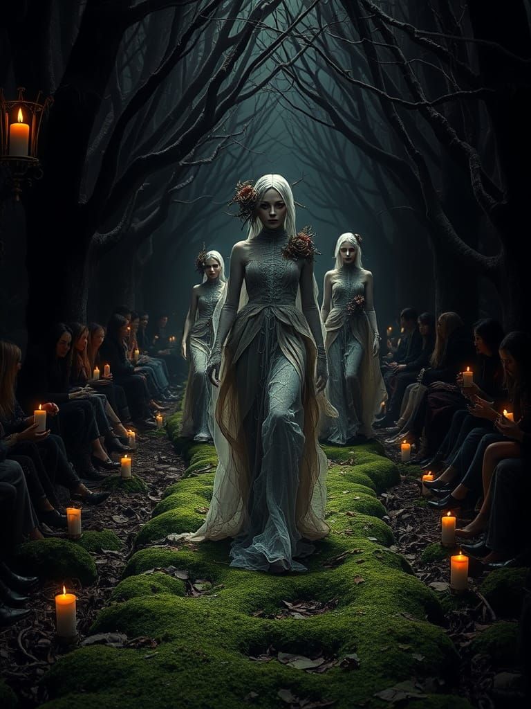 picture a dark fantasy runway show in a haunted forest. Models with ghostly appearances wear tattered and ethereal gowns...