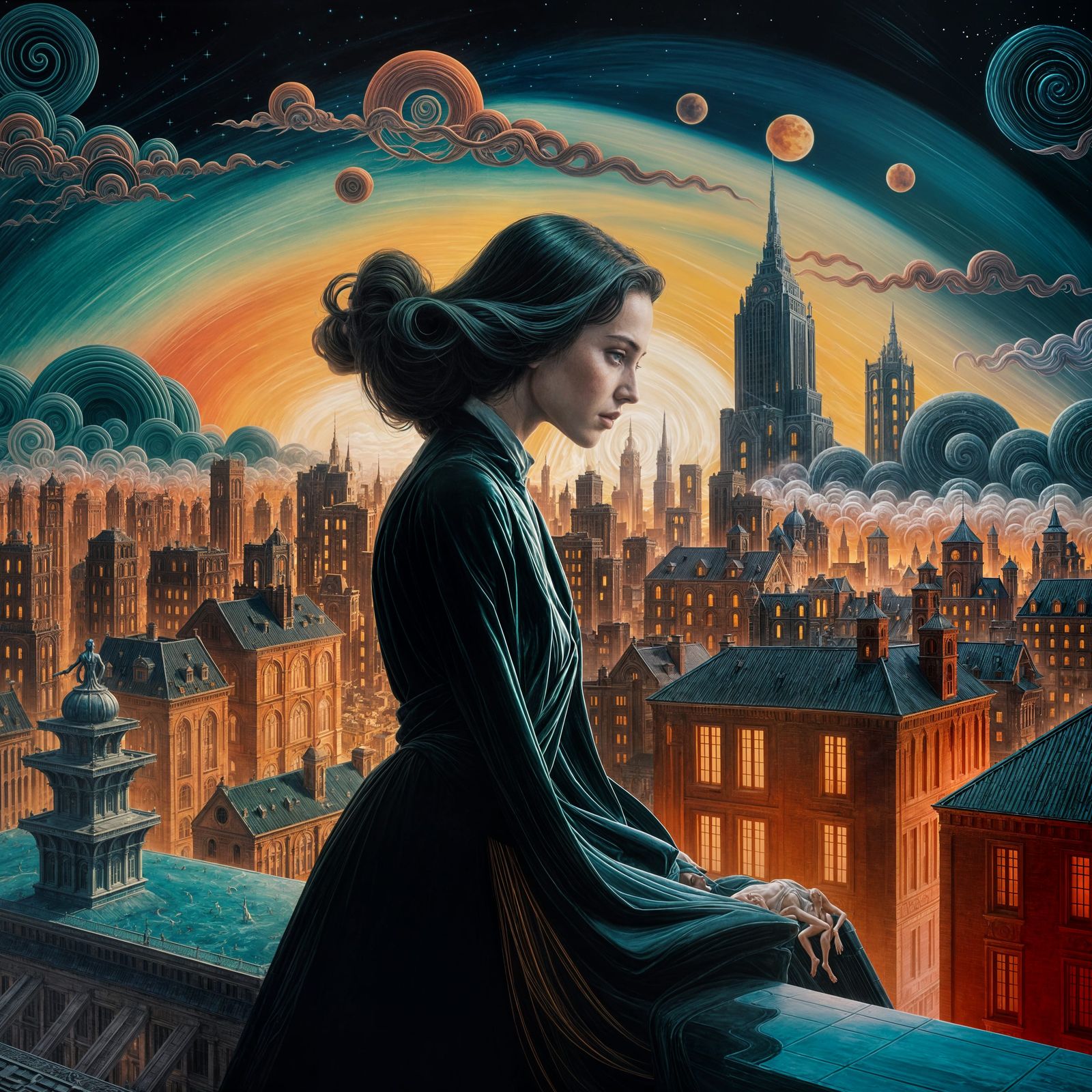 Dreamy Rooftop Somnambulist in Gouache Style