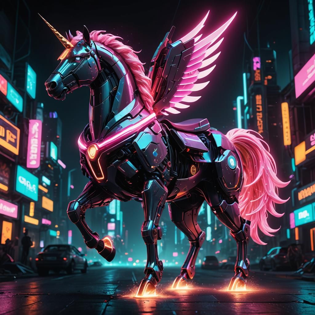 Cyberpunk Robotic Unicorn Rises from Darkness