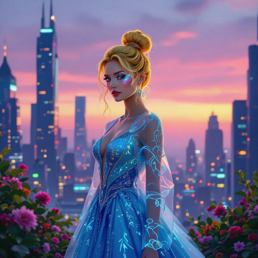 Futuristic Cityscape with Winged Woman in Art Nouveau Style