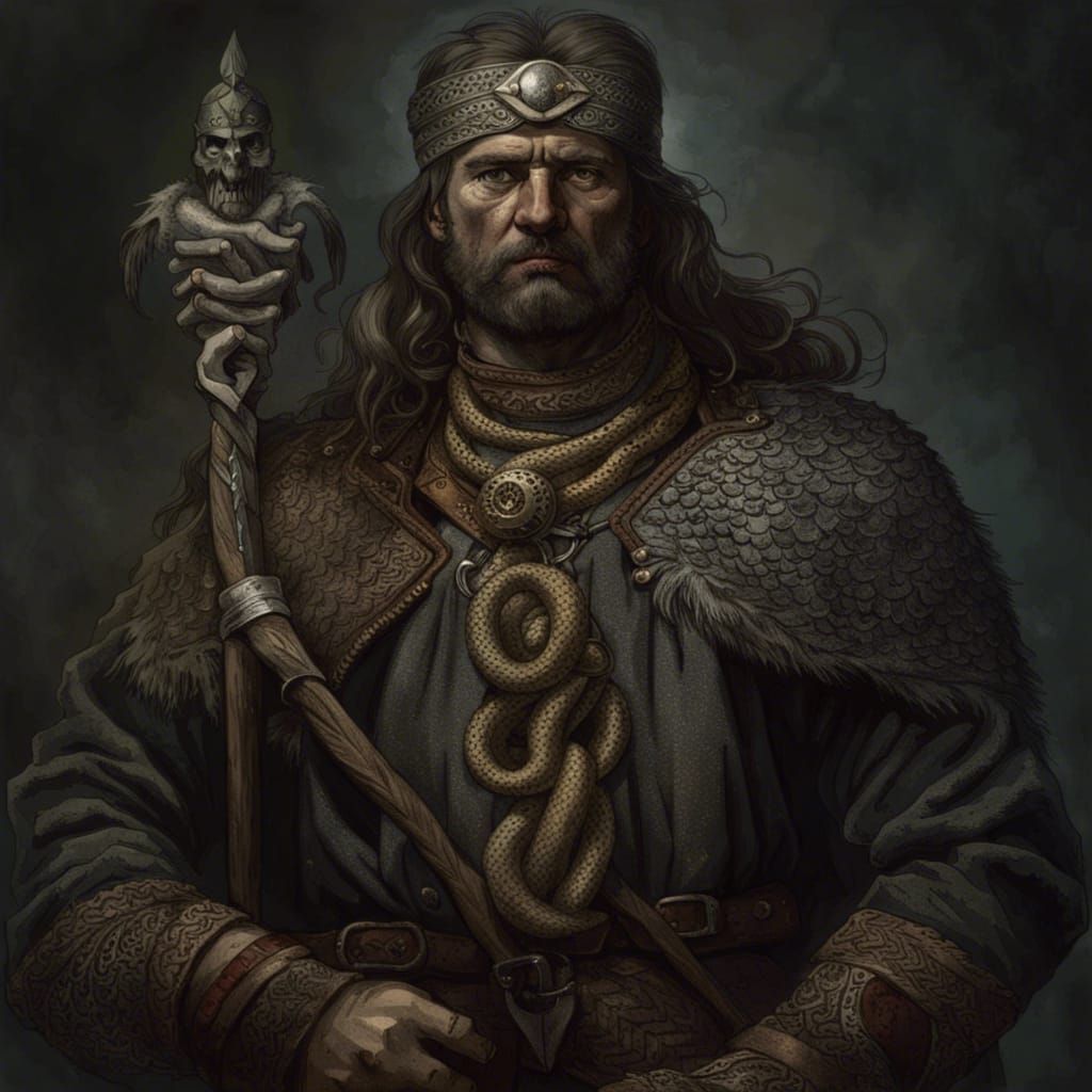 Slavic Hunter with Snake Talisman in Horror Style