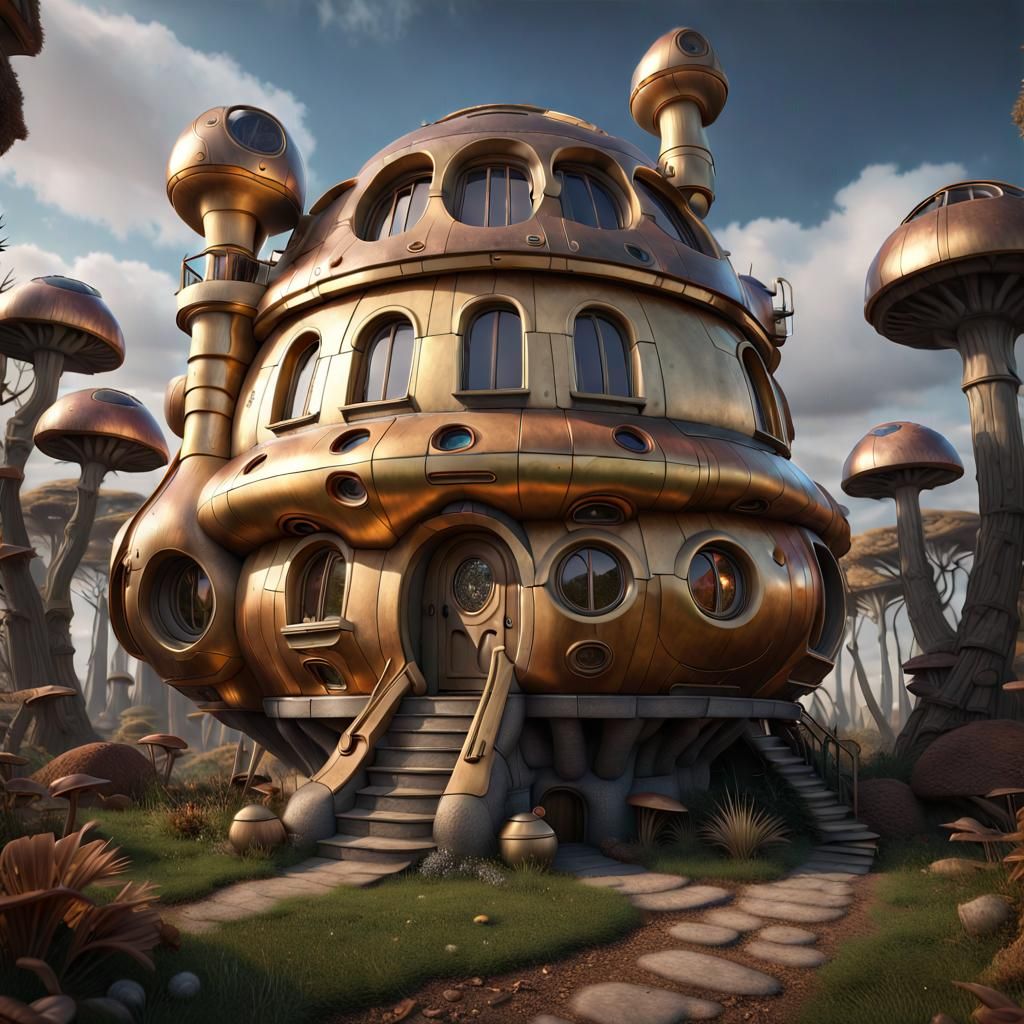 C-3PO Style Mushroom House, Hyperrealistic 8K Render