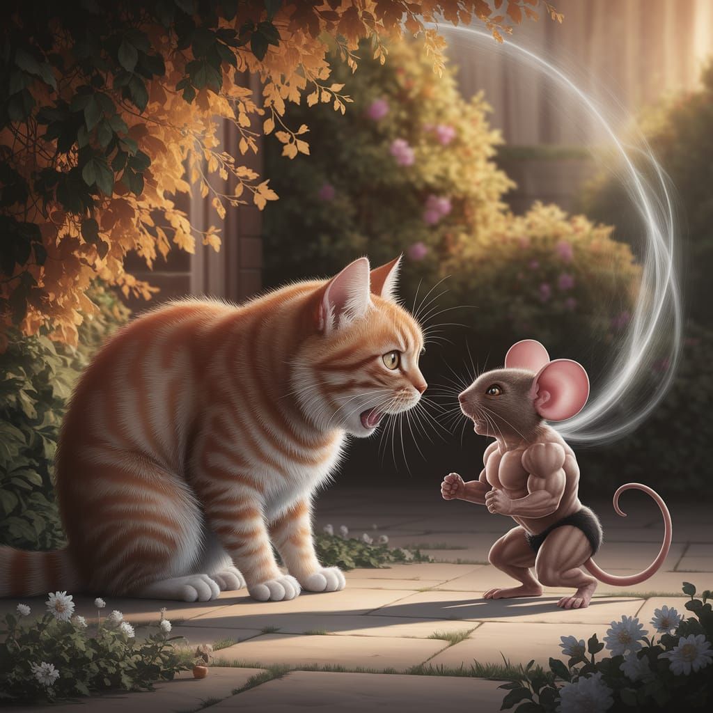 Ginger Cat Horrified by Muscular Mouse in Ethereal Garden