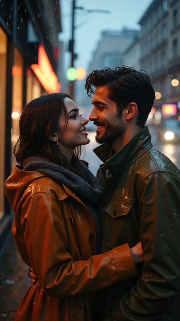 Surrealistic Moment of Intimacy on a Rainy City Street