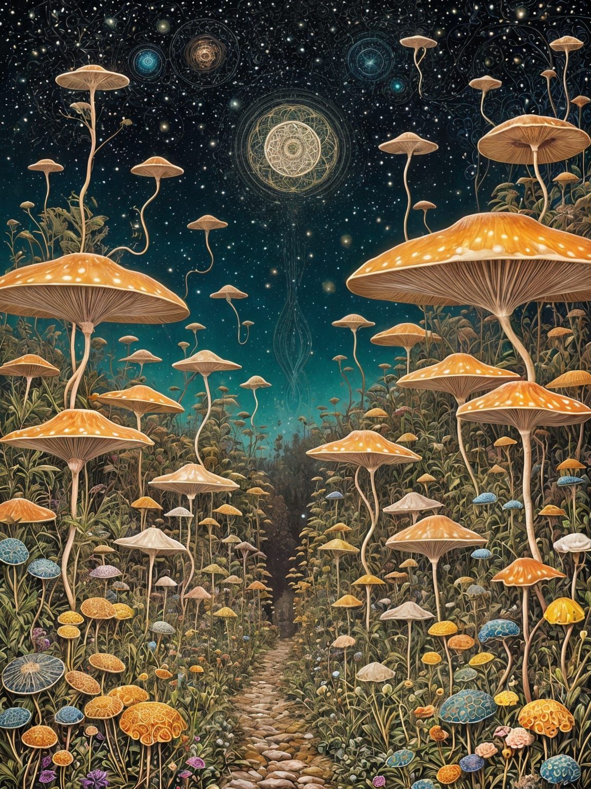 Bioluminescent Mushroom Field in Art Nouveau Style