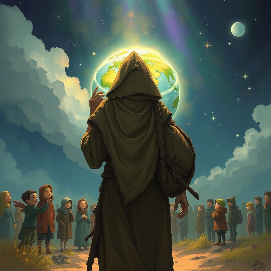 Mysterious Figure Carrying Earth: A Whimsical Illustration