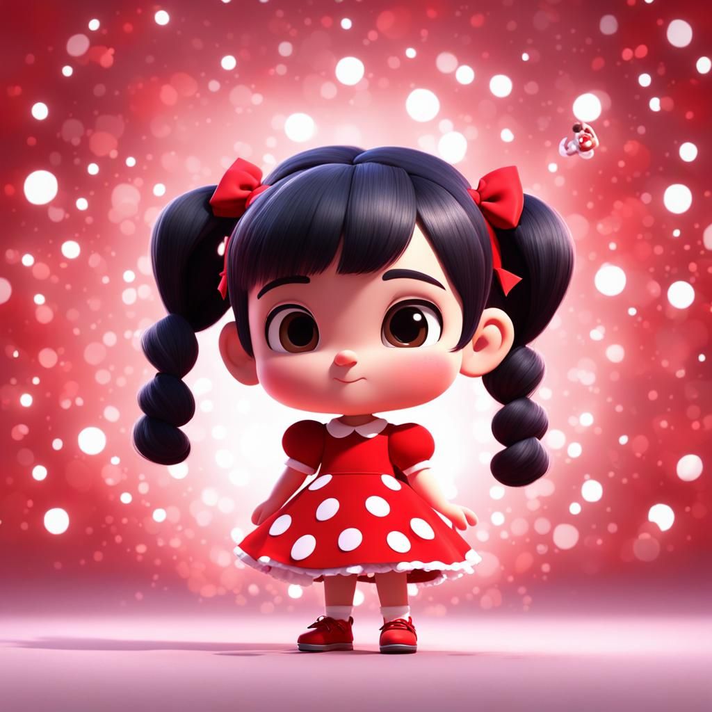 Cute Chibi Girl in Red Dress: 3D Digital Art