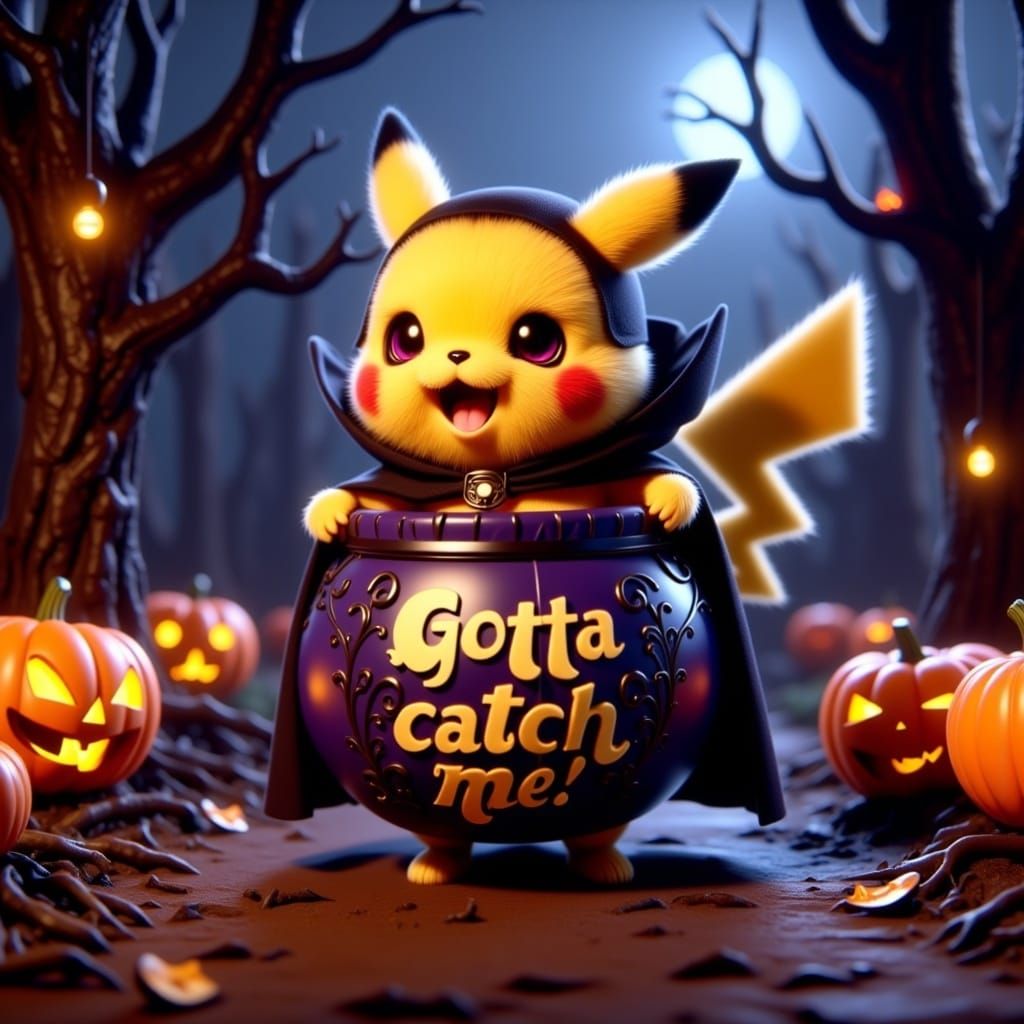 Pikachu in Halloween Cat Costume with Candy Bucket