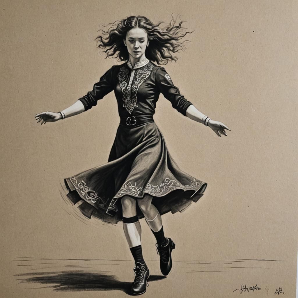 Woman Performing Irish Dance in Charcoal
