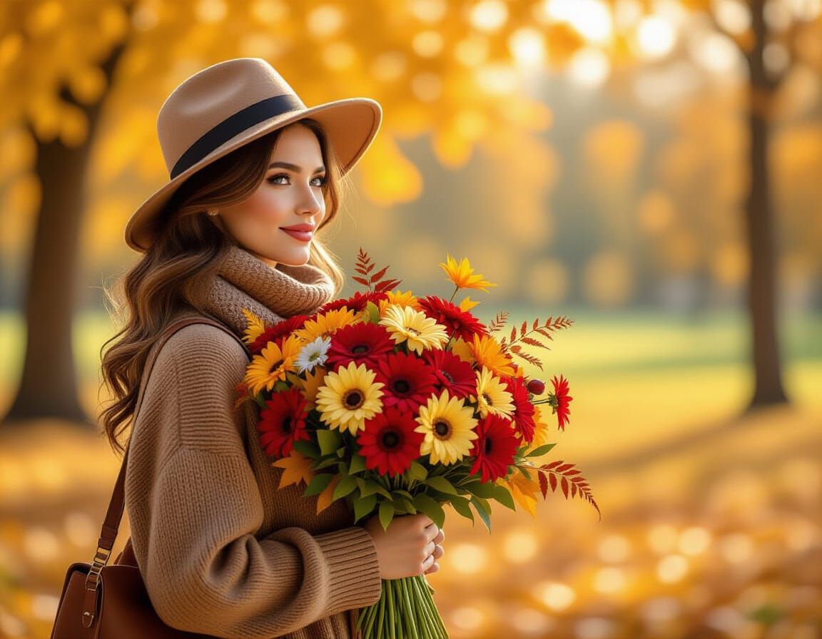 Retro Woman in Autumn Park with Flowers