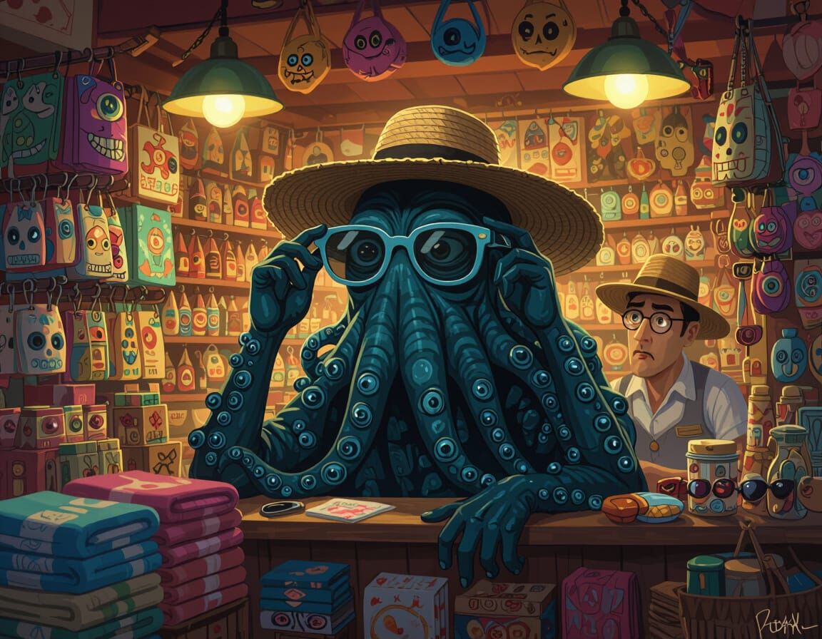 Tentacled Creature Tries On Sunglasses in Kitschy Shop