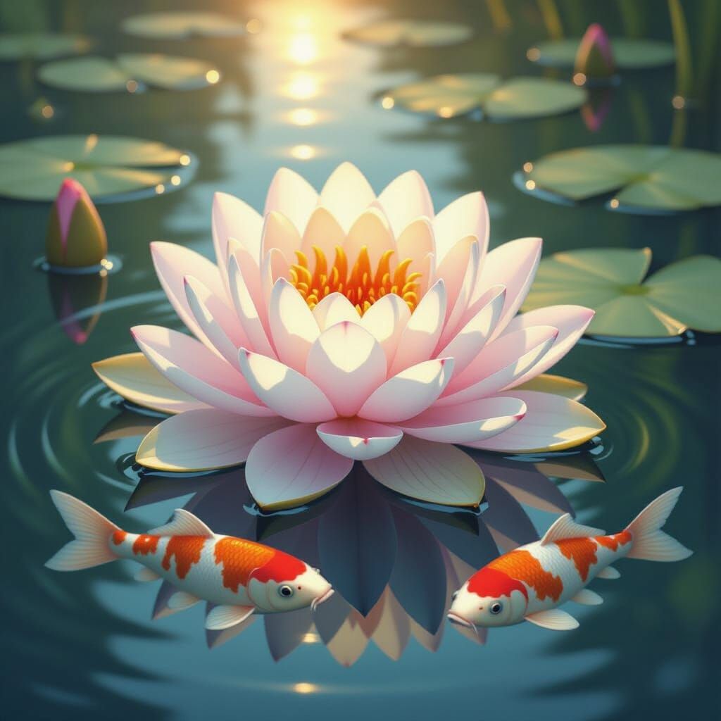 Vibrant Water Lily & Koi in Serene Morning Light