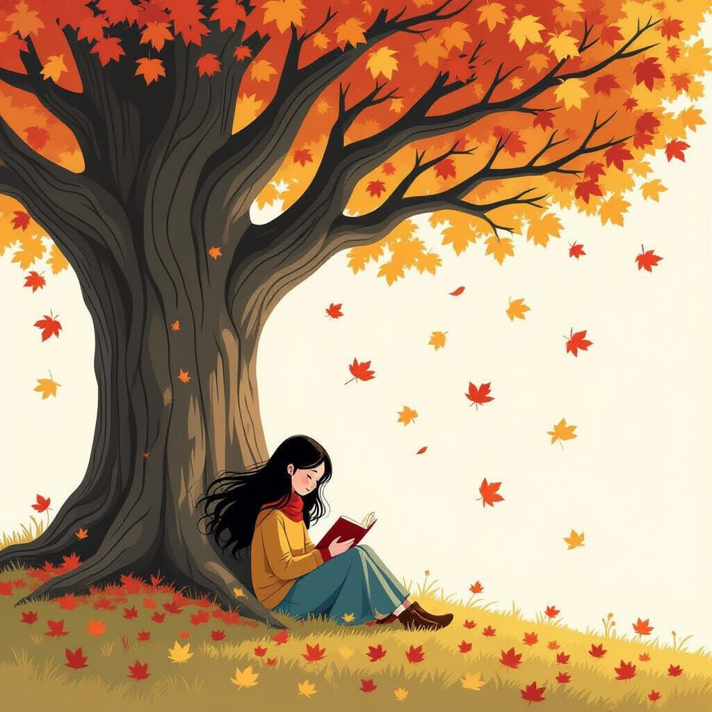 Girl Reading Under Ancient Tree in Autumn