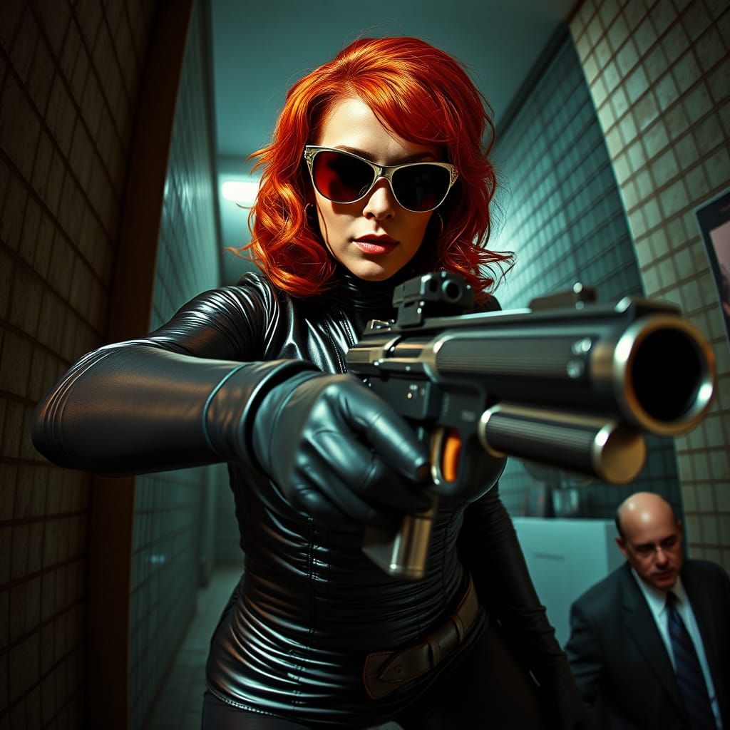 Curvy Redhead in Leather Suit Aims Chrome Gun