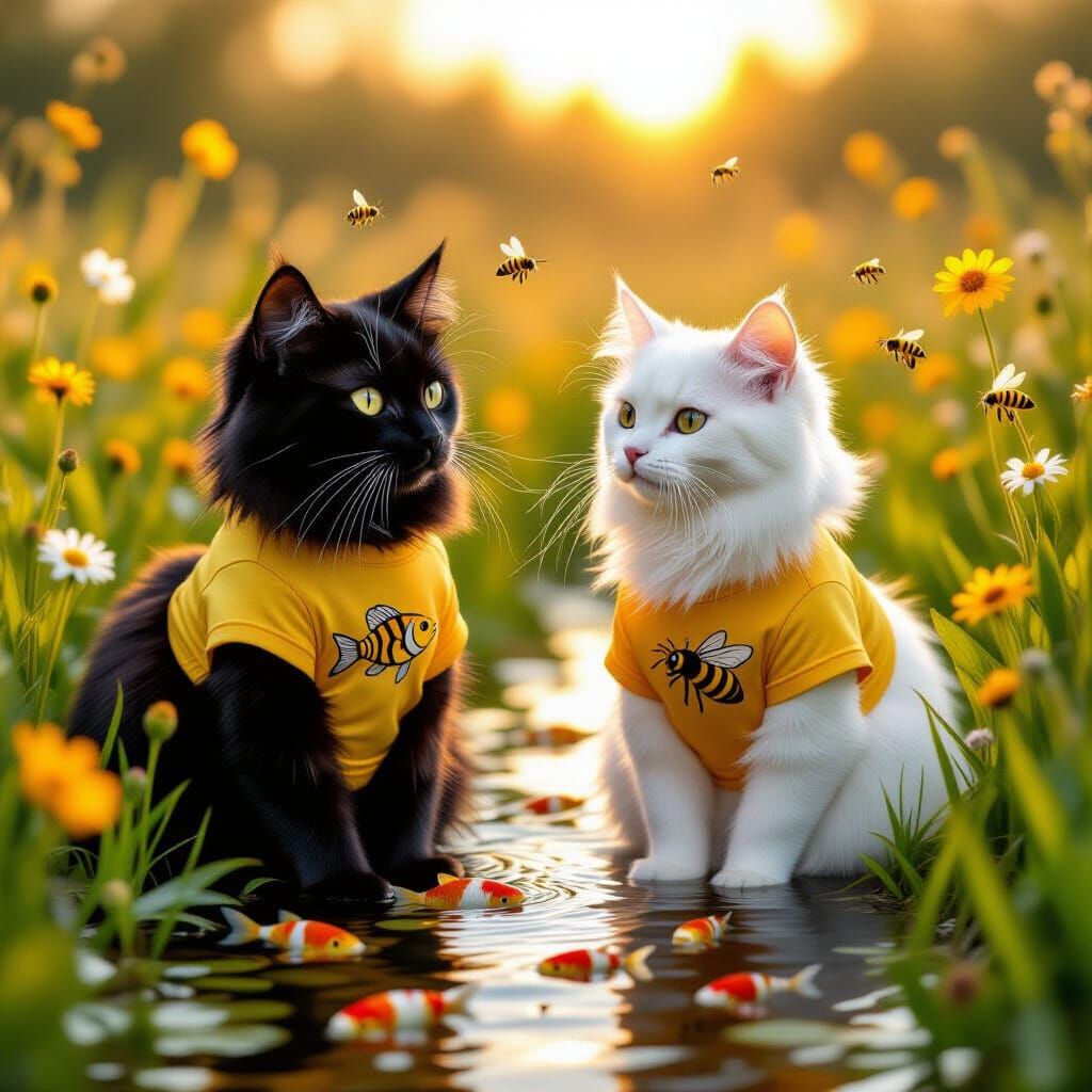 Cats in Shirts Among Bees and Koi Fish