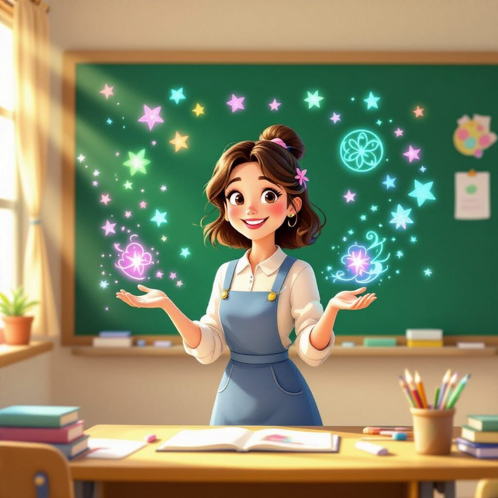 Magical Teacher with Enchanted Chalkboard in Storybook Style