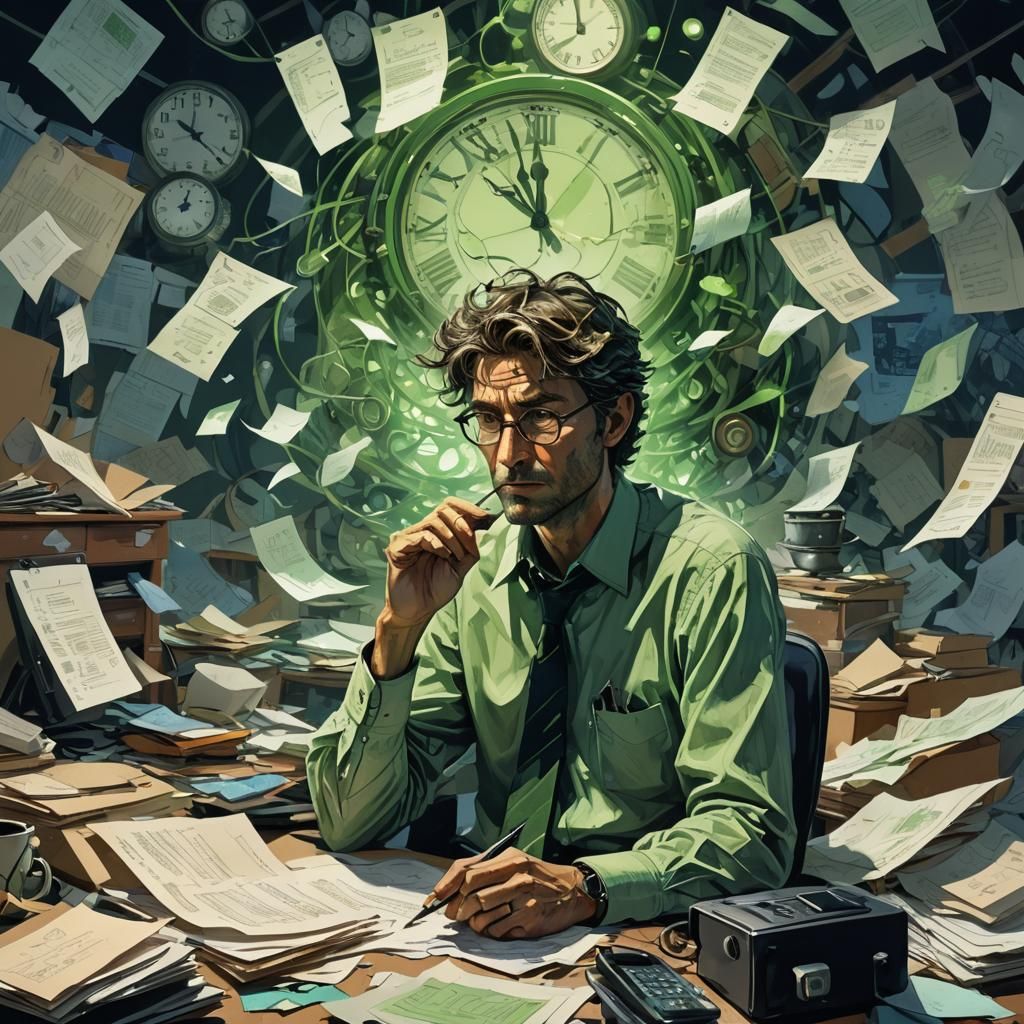 Chaotic Office Portrait in Fantastical Concept Art Style