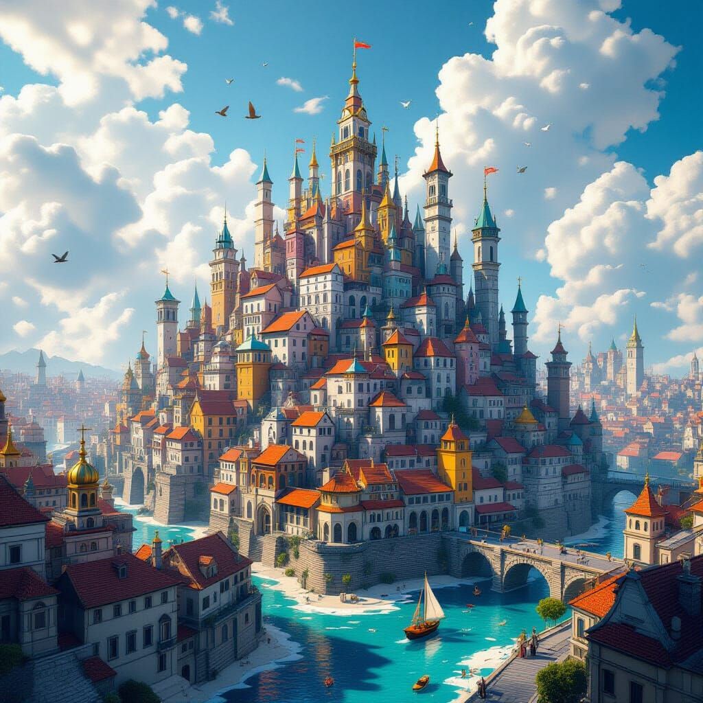 Fantastical Paper City In Deep, Complementary Colors