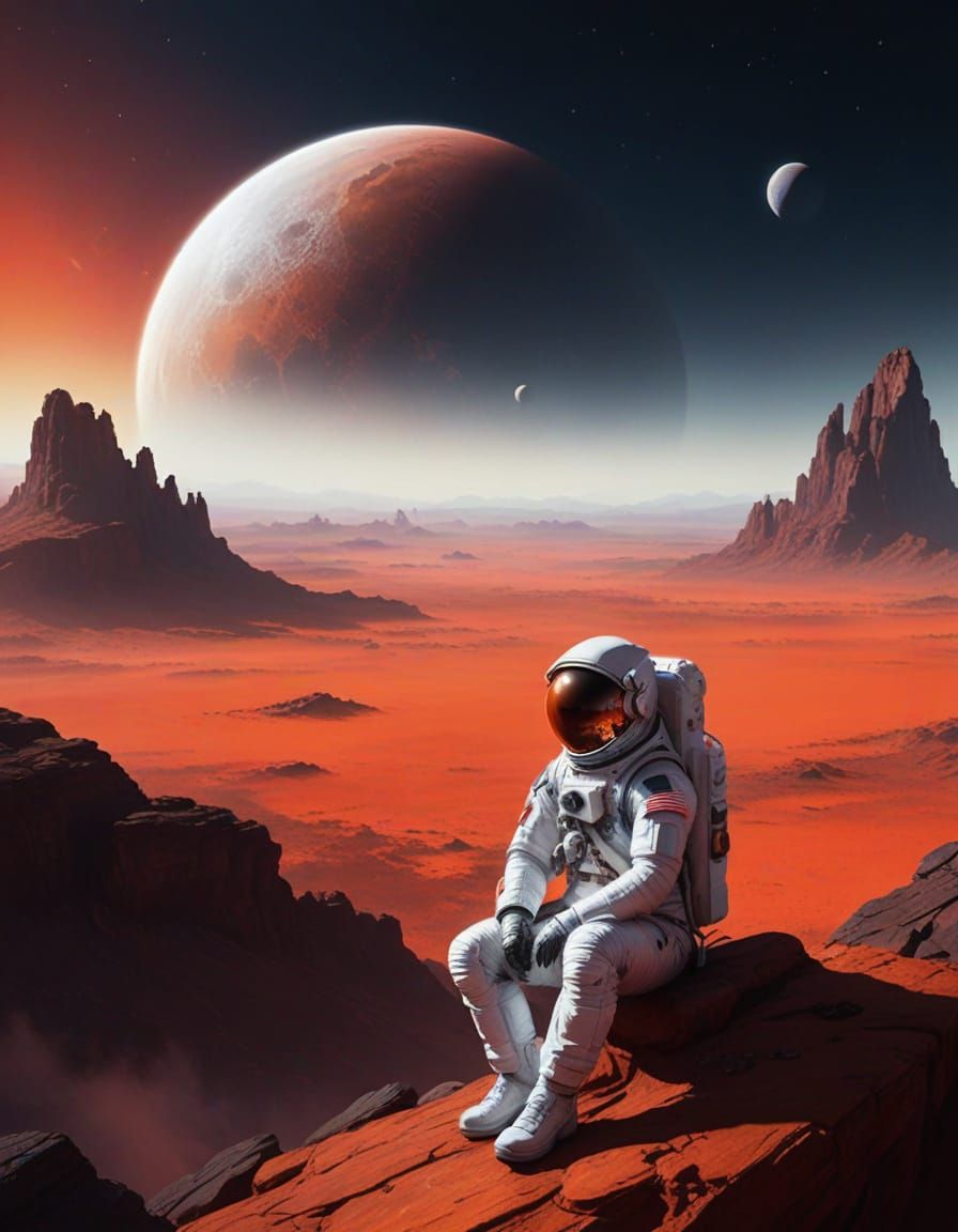 Astronaut Contemplates the Cosmos on a Distant Alien Planet