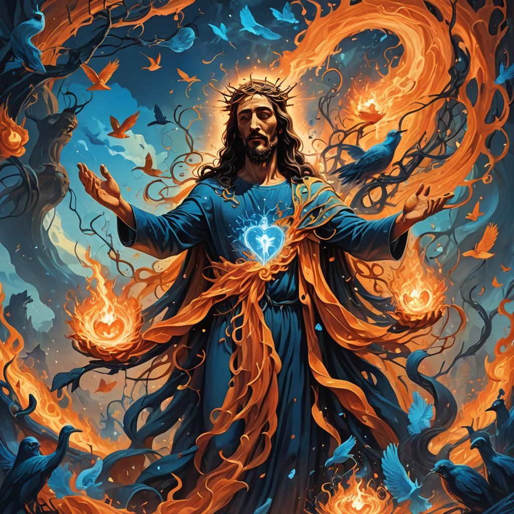 Christ with Birds in Surreal Landscape, Cartoon Art