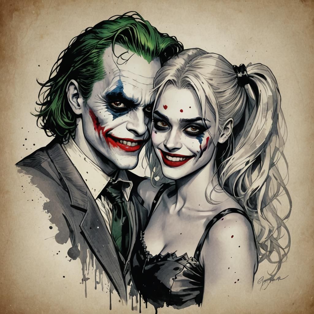 Foto de un primer plano del Joker y Harley Quinn. Muy hermos...