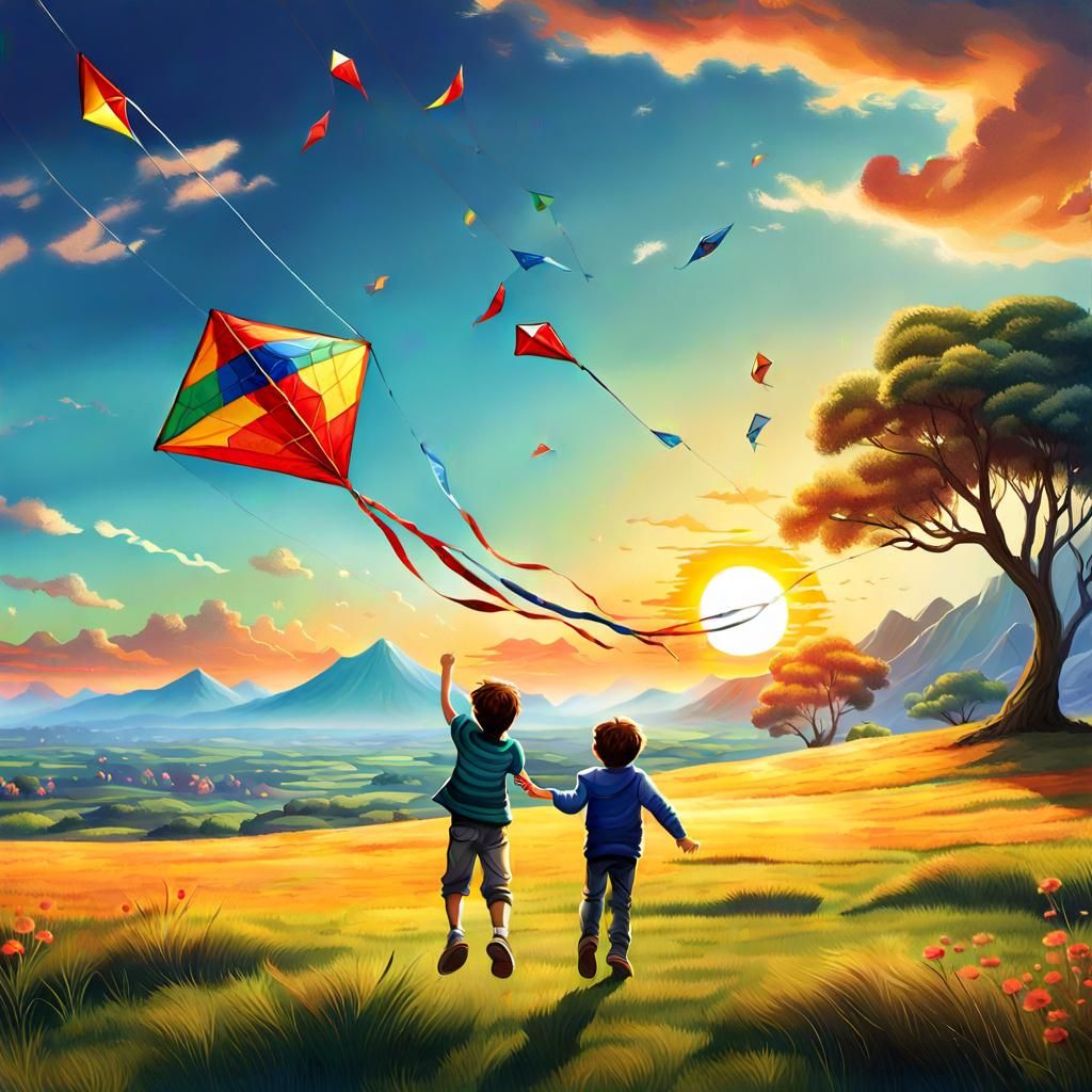 Child Flying Kite into Sunset: Detailed Matte Painting