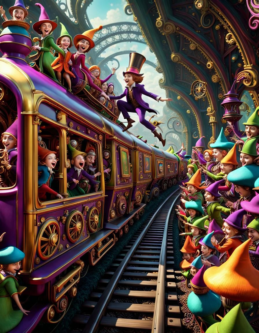 Festive Elves Dancing Around a Magical Train