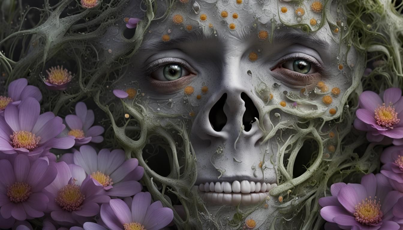 Cadaverous Overgrown Figure with Dew Drop Flowers