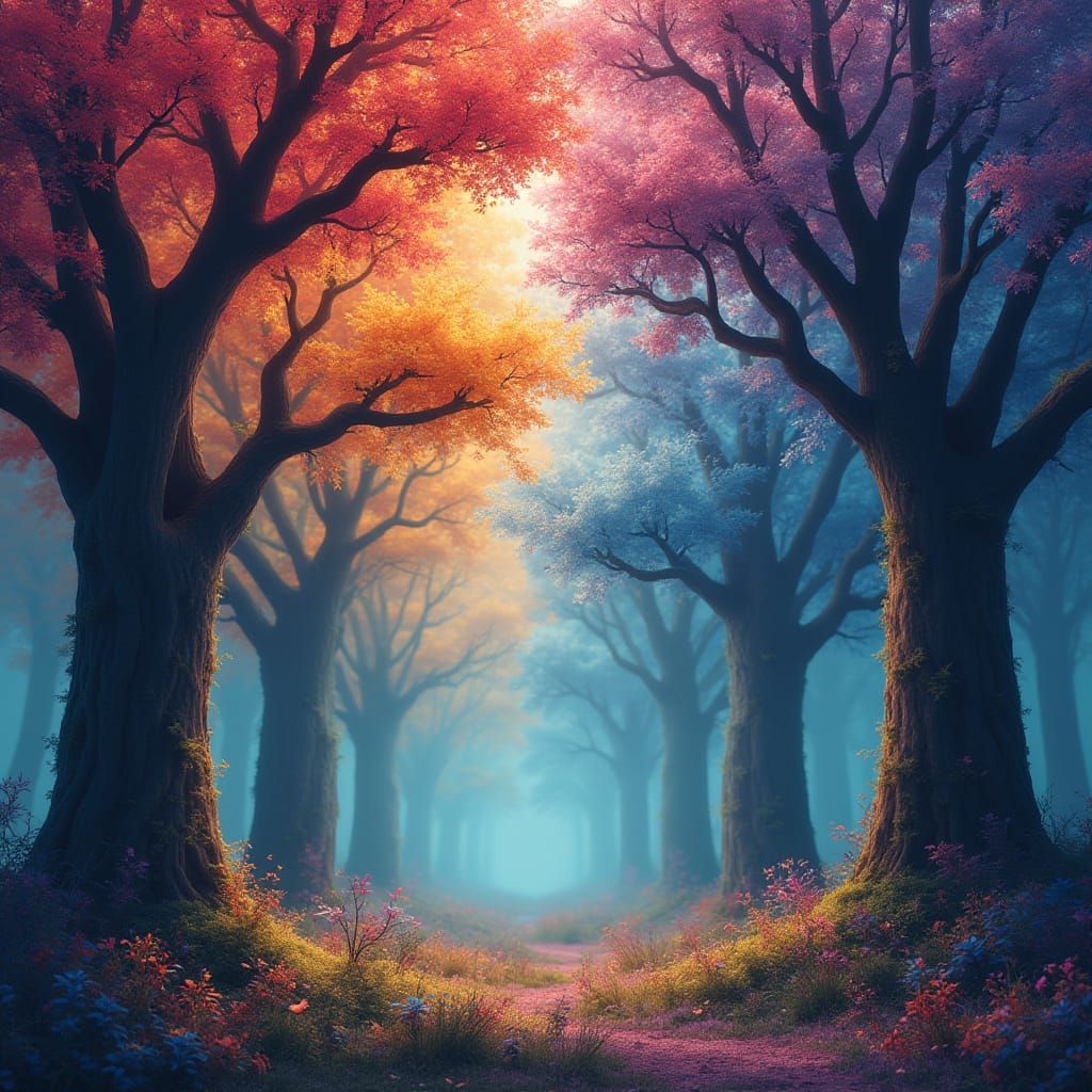 Whimsical Forest with Rainbow Trees