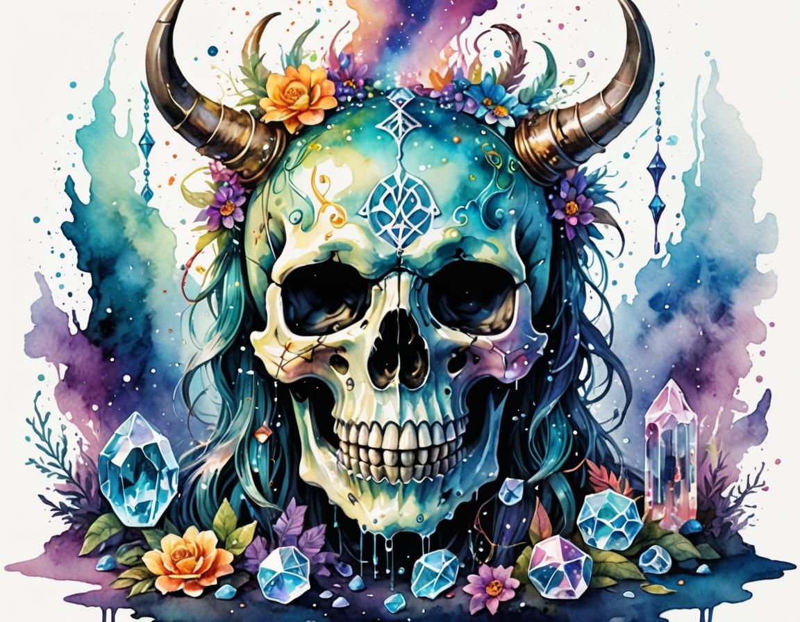 Opalescent Skull with Crystals and Runes in Watercolor