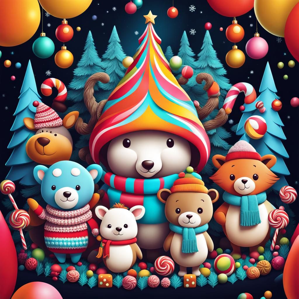 Christmas Animals in Winter Woods: Candy Art Style