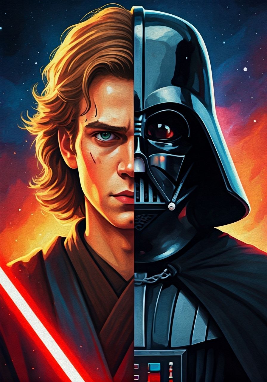 Darth Vader and Anakin Skywalker Portrait in Gouache Style