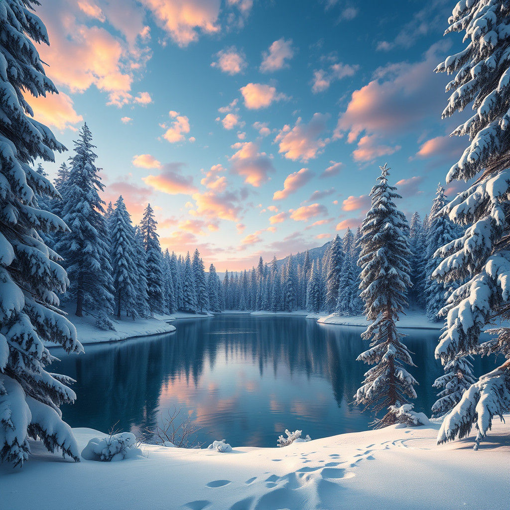 Snowy Lake and Majestic Pines in Matte Painting Style