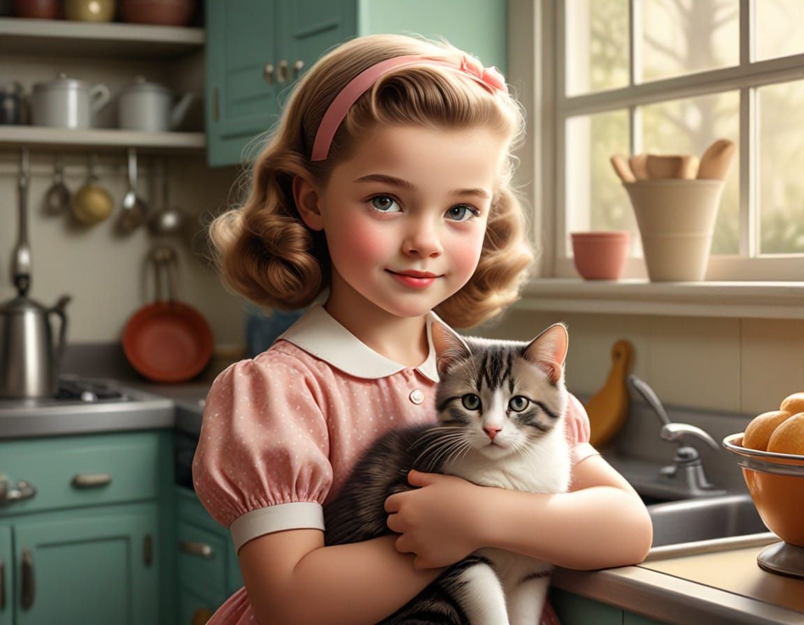 Retro Illustration: Girl with Cat in 1950s Kitchen