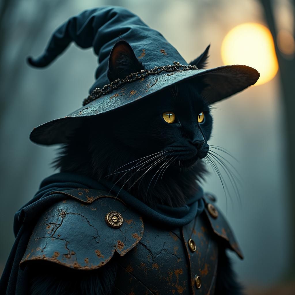 Majestic Black Cat Wizard in Dark Fantasy Style