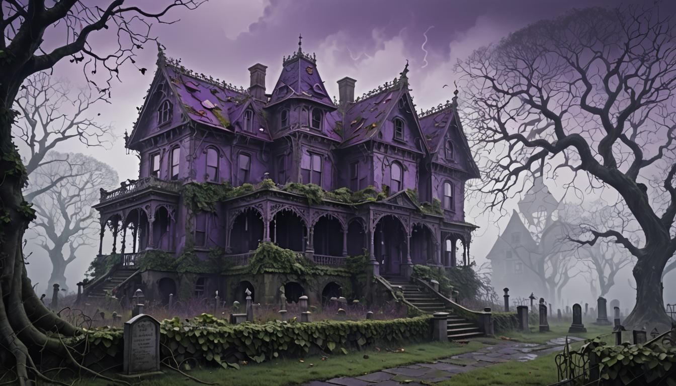 Eerie Mansion in Misty Graveyard: Surreal Digital Art