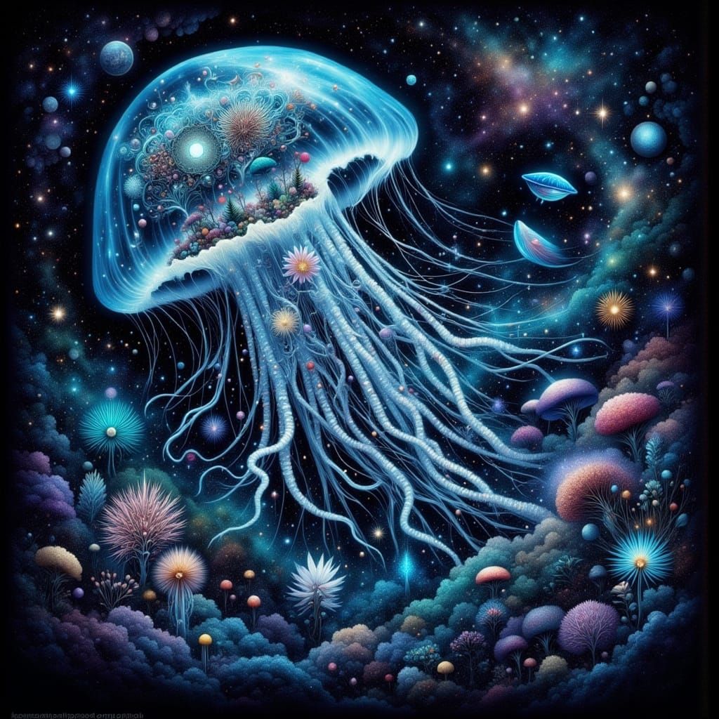 Bioluminescent Jellyfish Drifting Through Space, Psychedelic...