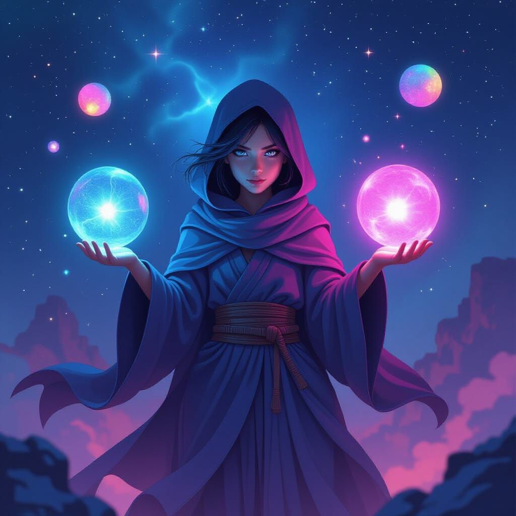 Cosmic Being Gazing at Magical Orbs in Galaxy