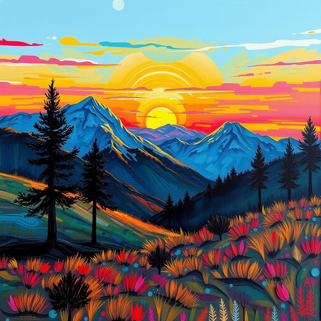 Melting Sunset Landscape in Graffiti Art Style